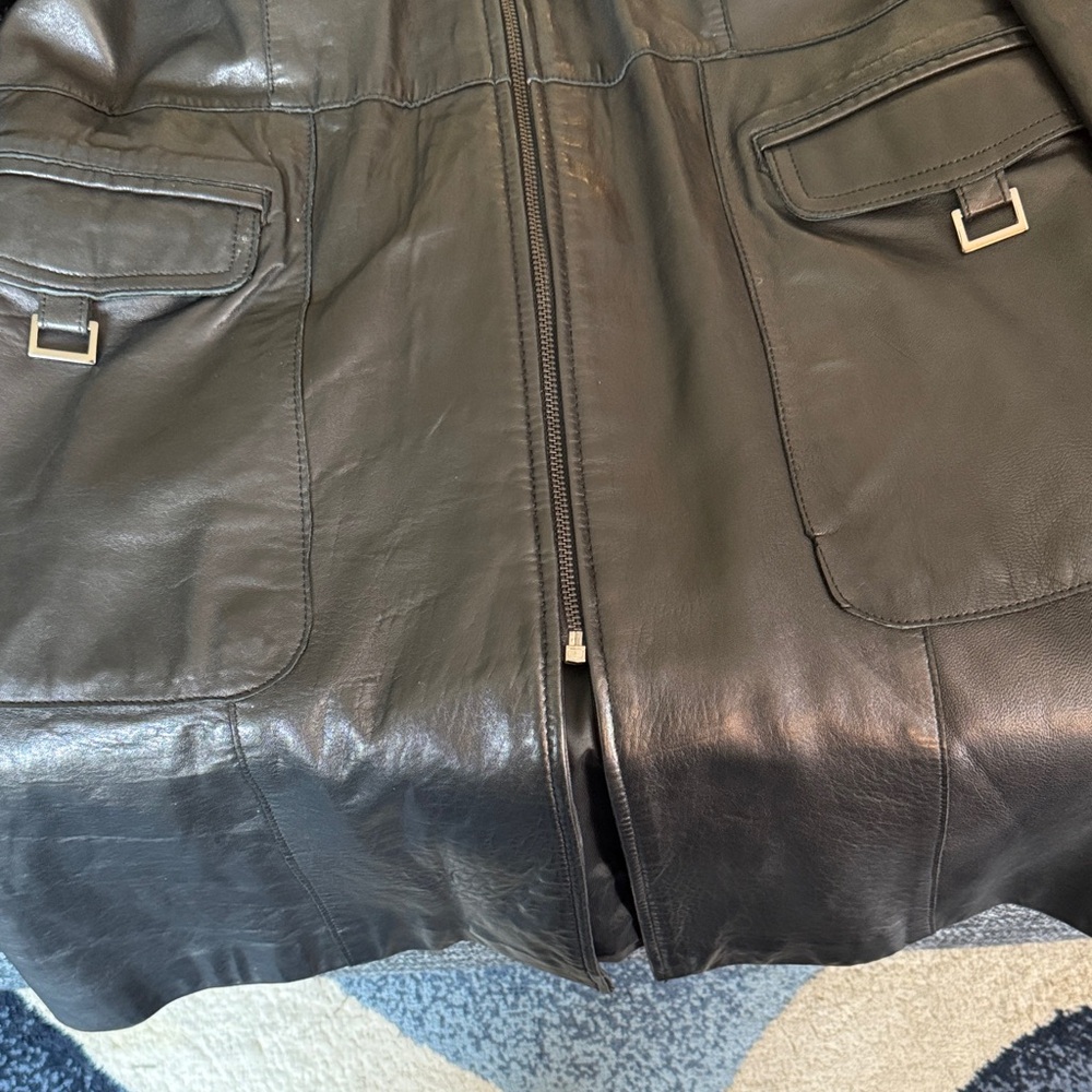 Women’s Black Leather Zip-Up coat with Ribbed Collar. Knee length - Picture 2 of 14